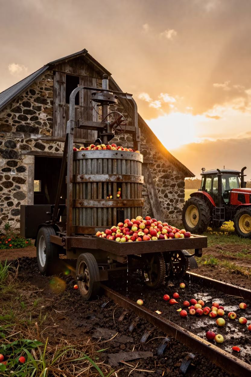 Cider Press at Sunset in Panama Stone Barn in beside a tractor track through dark soil in Panama