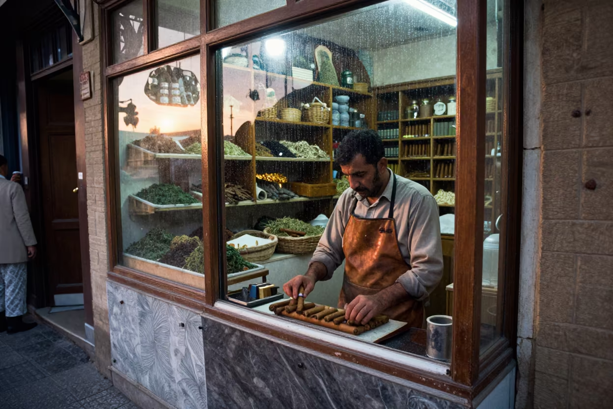 Cigar Roller at Isfahan Market Window in in a covered bazaar aisle in Isfahan