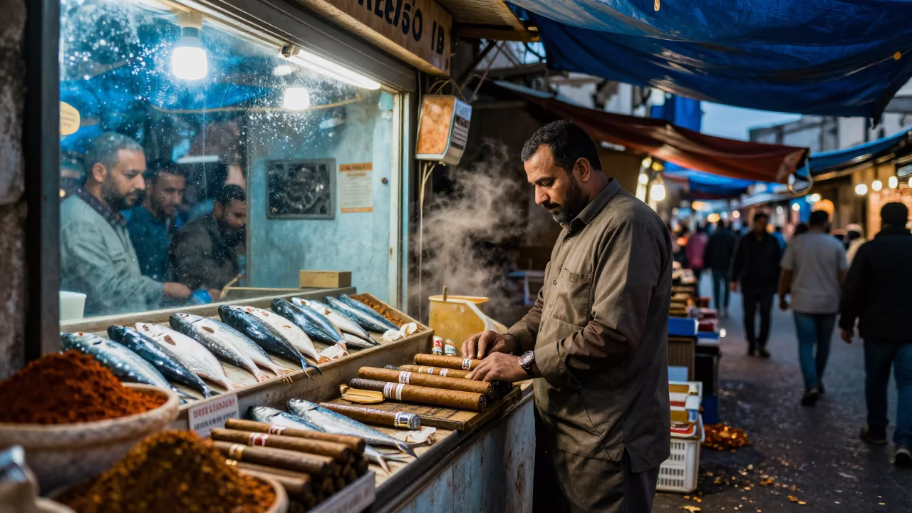 Cigar Vendor in Al-Safira Market Evening in beside a fish counter in Al-Safira