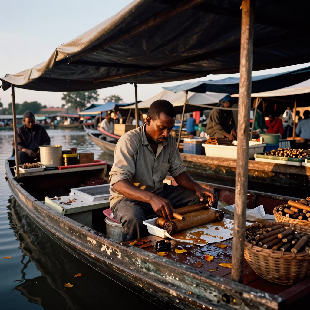 Cigar Vendor at Pretoria Floating Market Stall in at a floating market boat in Pretoria
