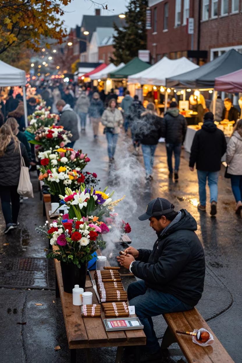 Cigar Vendor Rolling Hands at Flower Auction in at a flower auction bench in Chatham-Kent