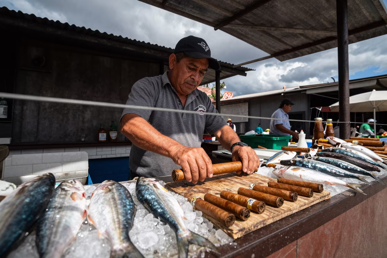 Cigar Vendor Rolling Tobacco Beside Fish Counter in beside a fish counter in Monterrey
