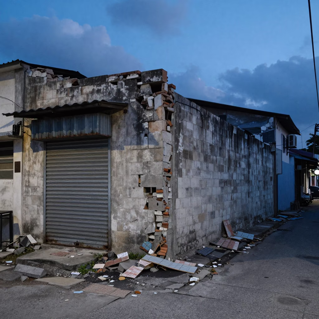 Cinder Block Wall Crumbling in Kuala Terengganu Alley in outside a corner cafe in Kuala Terengganu