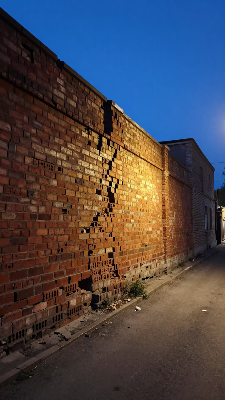Cinder Block Wall Crumbling in Makhachkala Alley in outside a metro entrance in Makhachkala