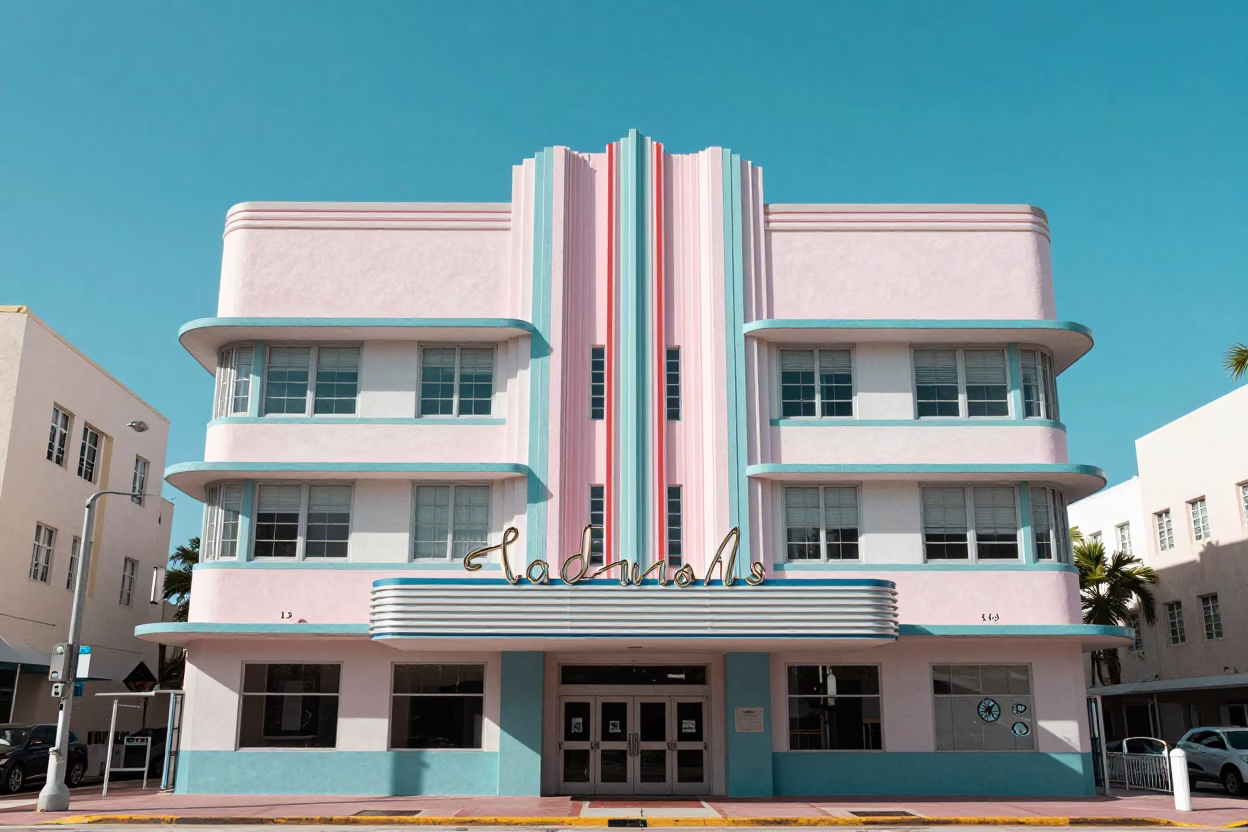 Cinema Facade in Miami at The Flat Glare Of Noon Light in in Miami, Florida, United States