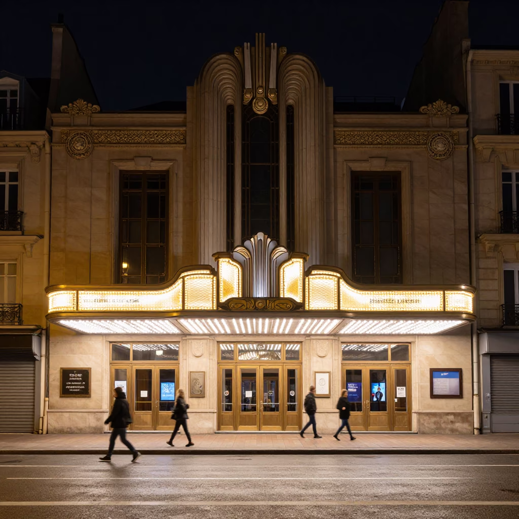 Cinema Facade in Paris at Late At Night Light in in Paris, France