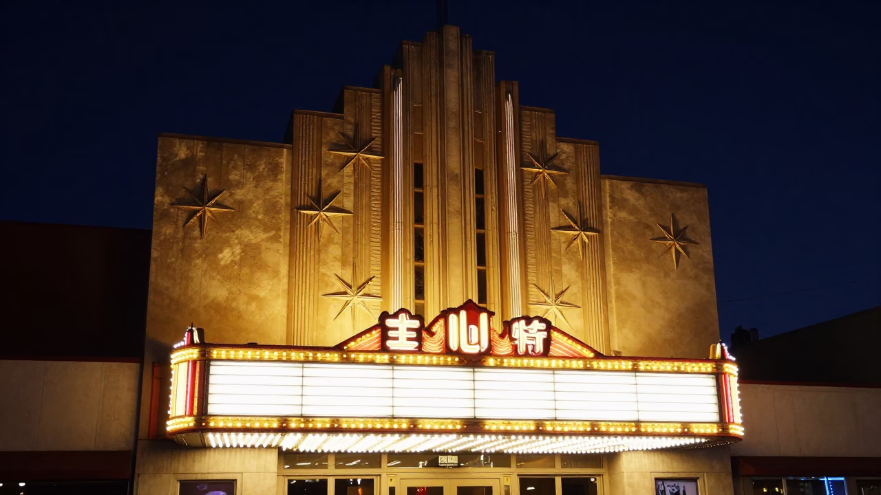 Cinema Facade in San Diego at Midnight Light in in San Diego, California, United States