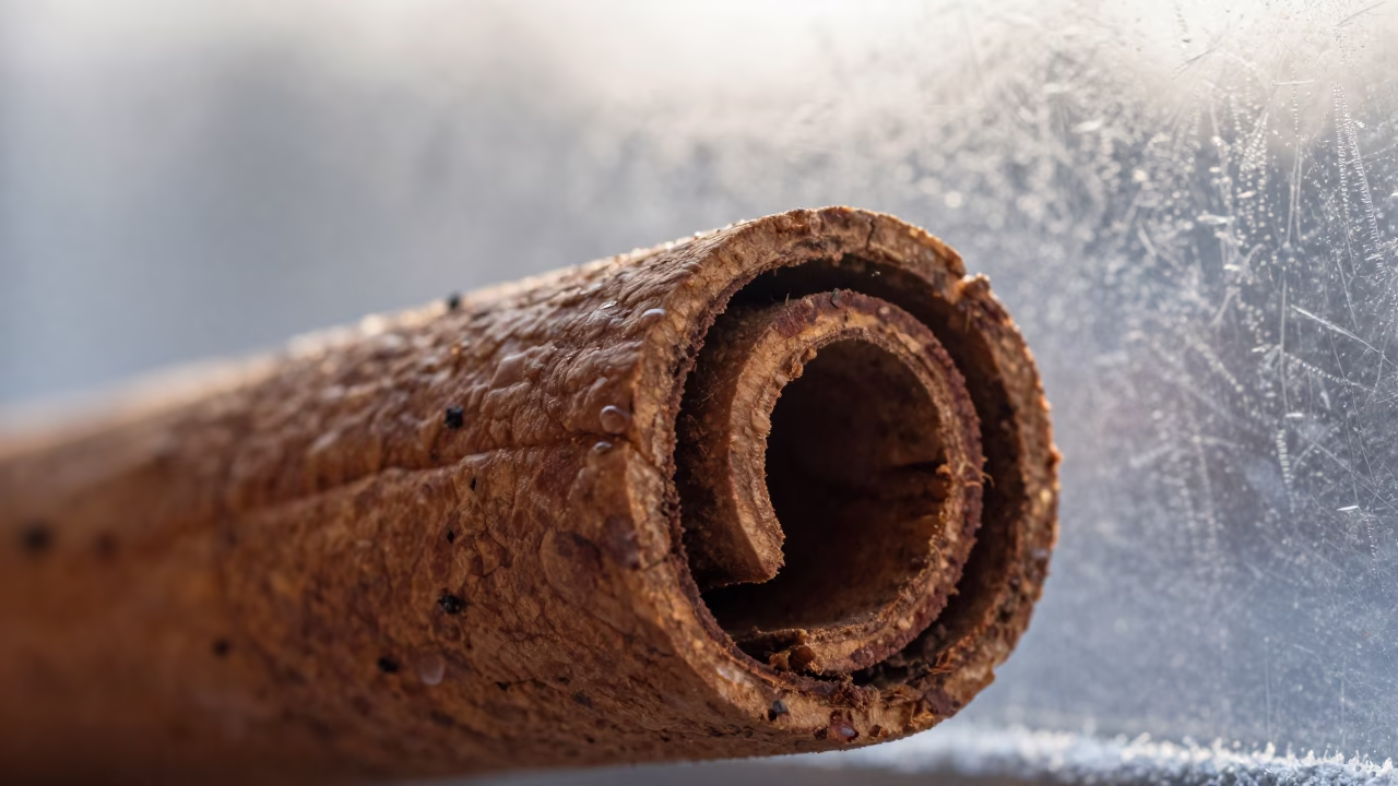 Cinnamon Bark Layers in Dawn Light in along a frost-edged windowpane in Ipoh