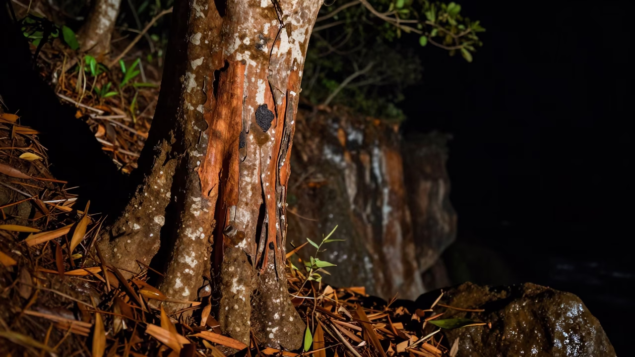 Cinnamon bark peeled on Sri Lankan cliff in along a salt-sprayed cliff edge in Sri Lanka