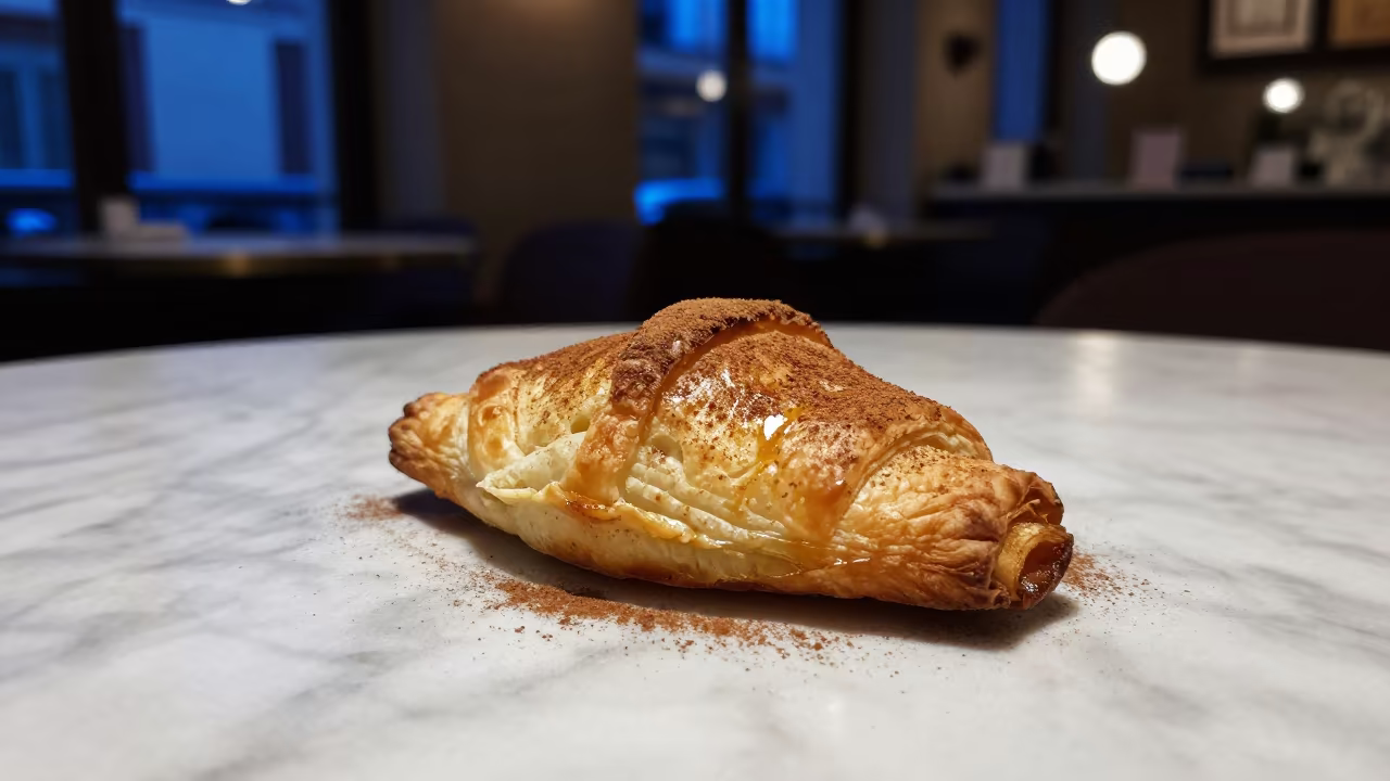 Cinnamon Dust Pastilla on Marble Cafe Table in on a marble cafe table in Novara
