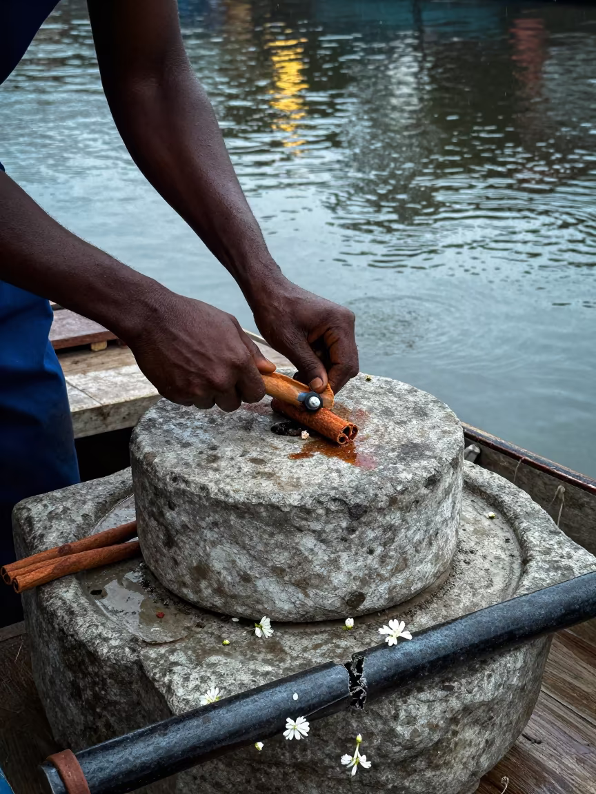 Cinnamon Mill on Floating Boat Benin City in at a floating market boat in Benin City
