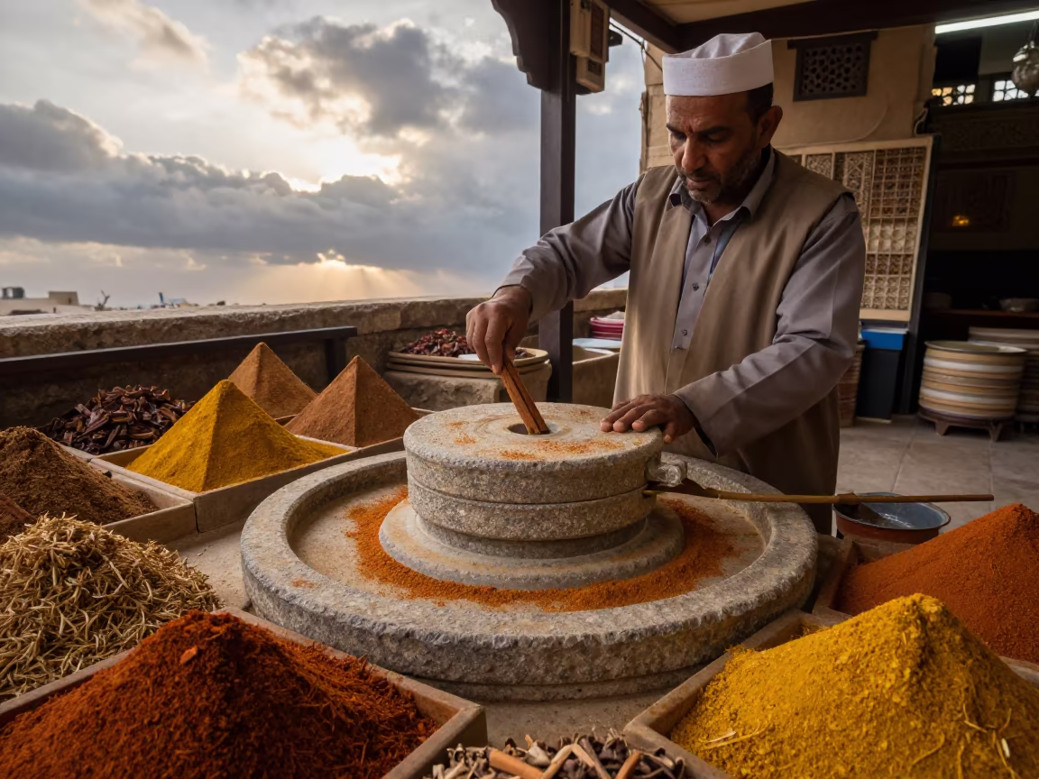 Cinnamon Milling at Dawn in Cairo Bazaar in in a covered bazaar aisle in Islamic Cairo, Cairo