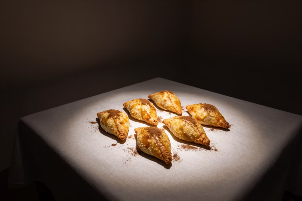 Cinnamon Pastilla on Linen Table in Bhagalpur Night in on a linen-covered restaurant table in Bhagalpur