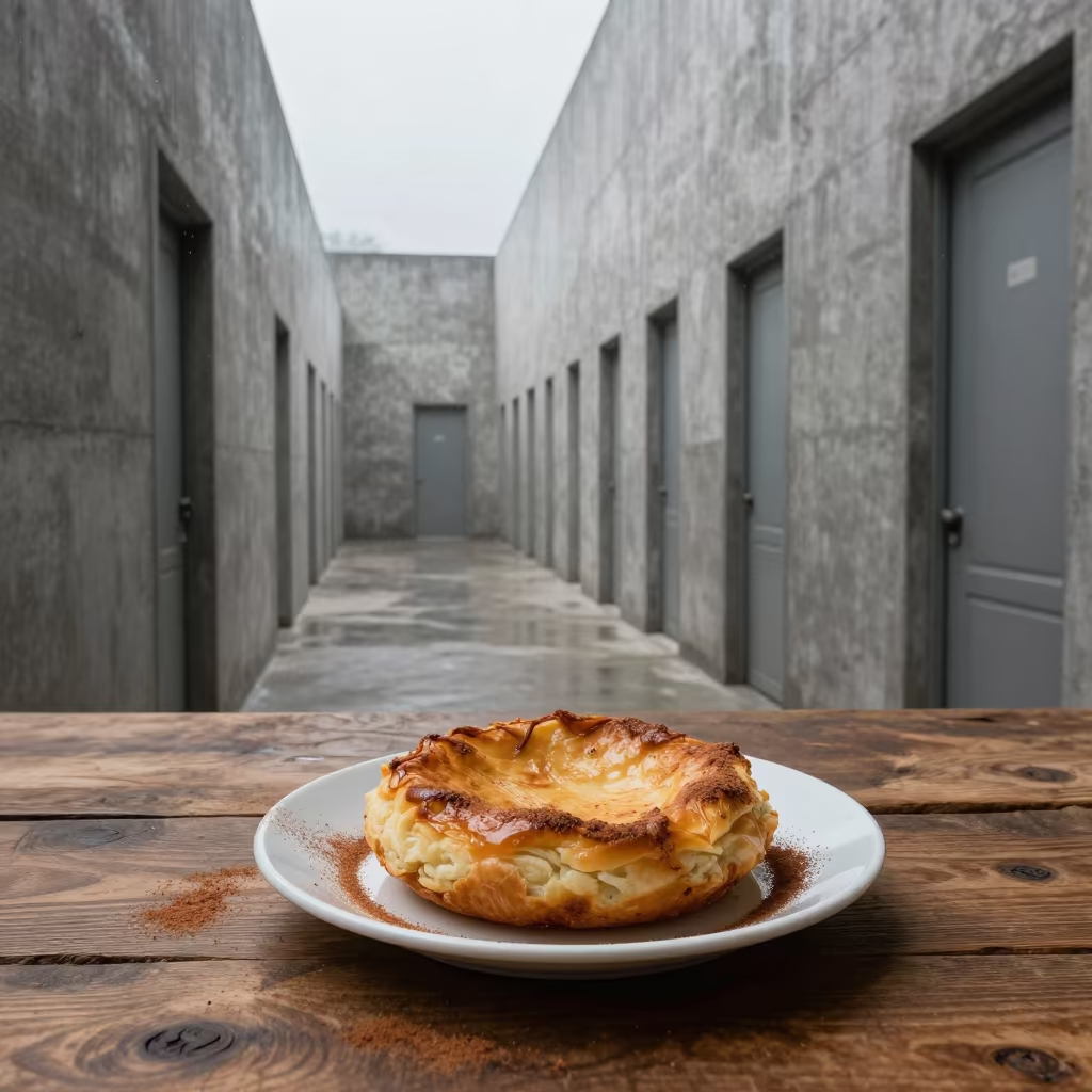 Cinnamon Pastilla on Rustic Table with Endless Doors in on a rustic wooden table in Palembang