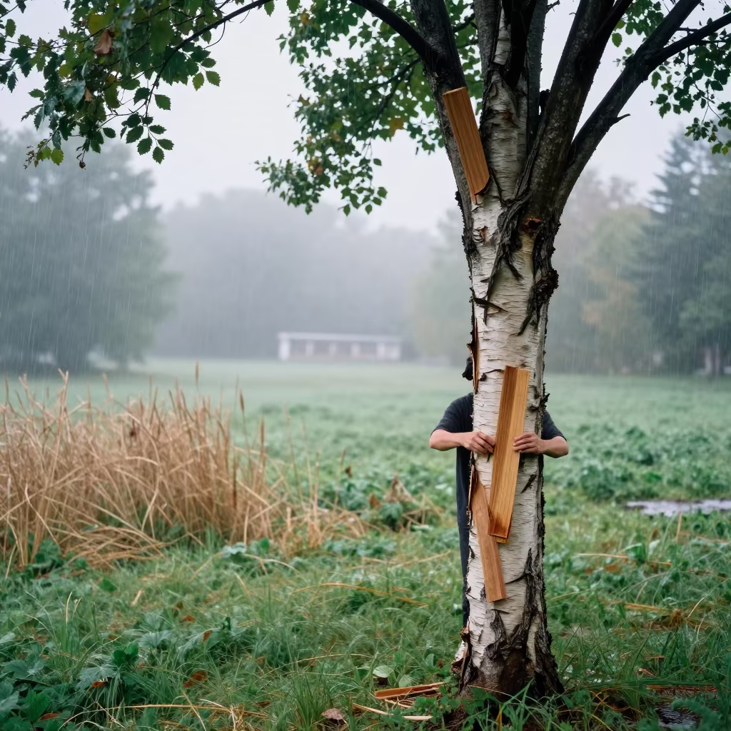 Cinnamon Peeling Misty Quebec Meadow Dawn in in a bloom-heavy meadow near Quebec City