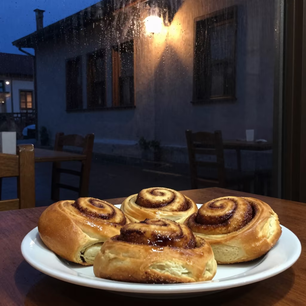 Cinnamon Rolls on Diner Table in Gölcük in at a roadside diner table in Gölcük