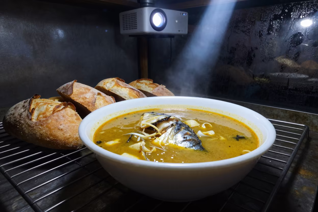 Cioppino Bowl and Bread on Bakery Rack in on a bakery cooling rack in Mumbai