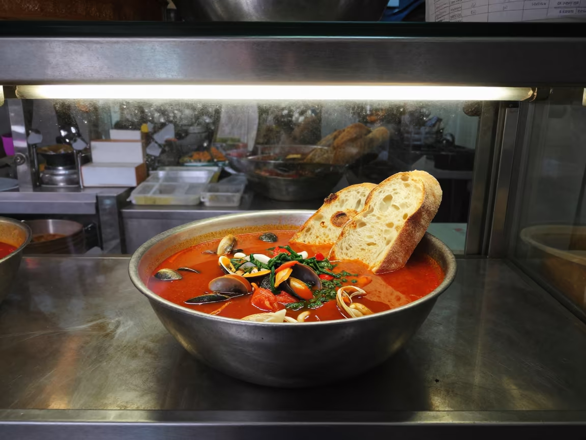 Cioppino Bowl with Crusty Bread in Bakery Case in in a bakery display case in Binh Thanh, Ho Chi Minh City