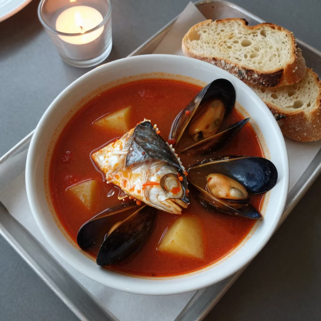 Cioppino Bowl with Crusty Bread on Tray in on a parchment-lined pastry tray in San Luis
