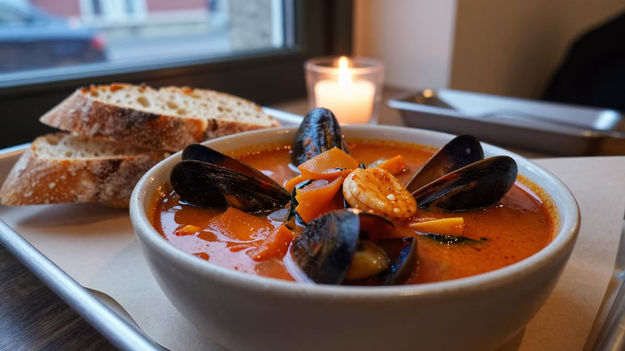 Cioppino Bowl with Crusty Bread in on a parchment-lined pastry tray in Liège