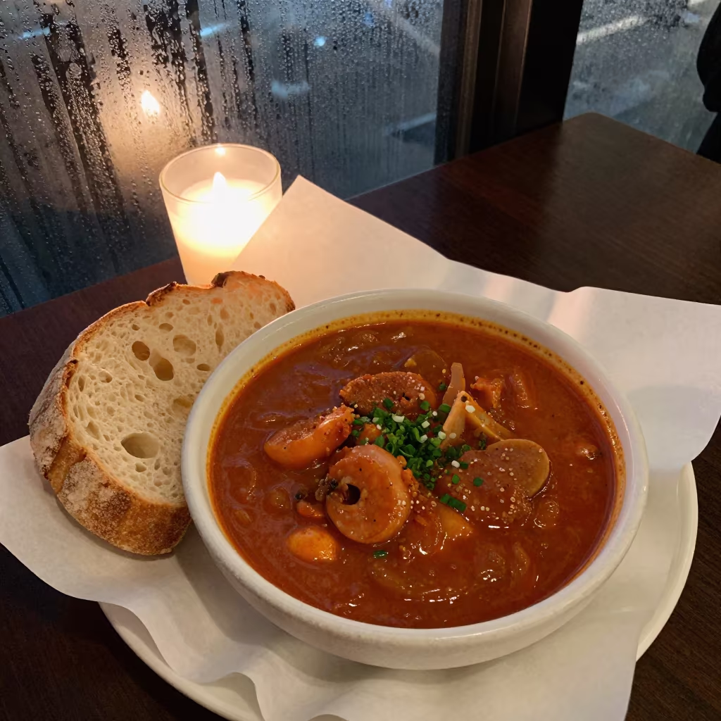 Cioppino Bowl with Crusty Bread on Tray in on a parchment-lined pastry tray in Townsville