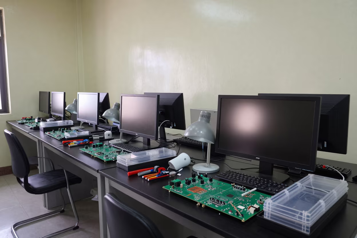 Circuit Boards Under Task Lights Mogadishu Lab in in a bright laboratory in Mogadishu