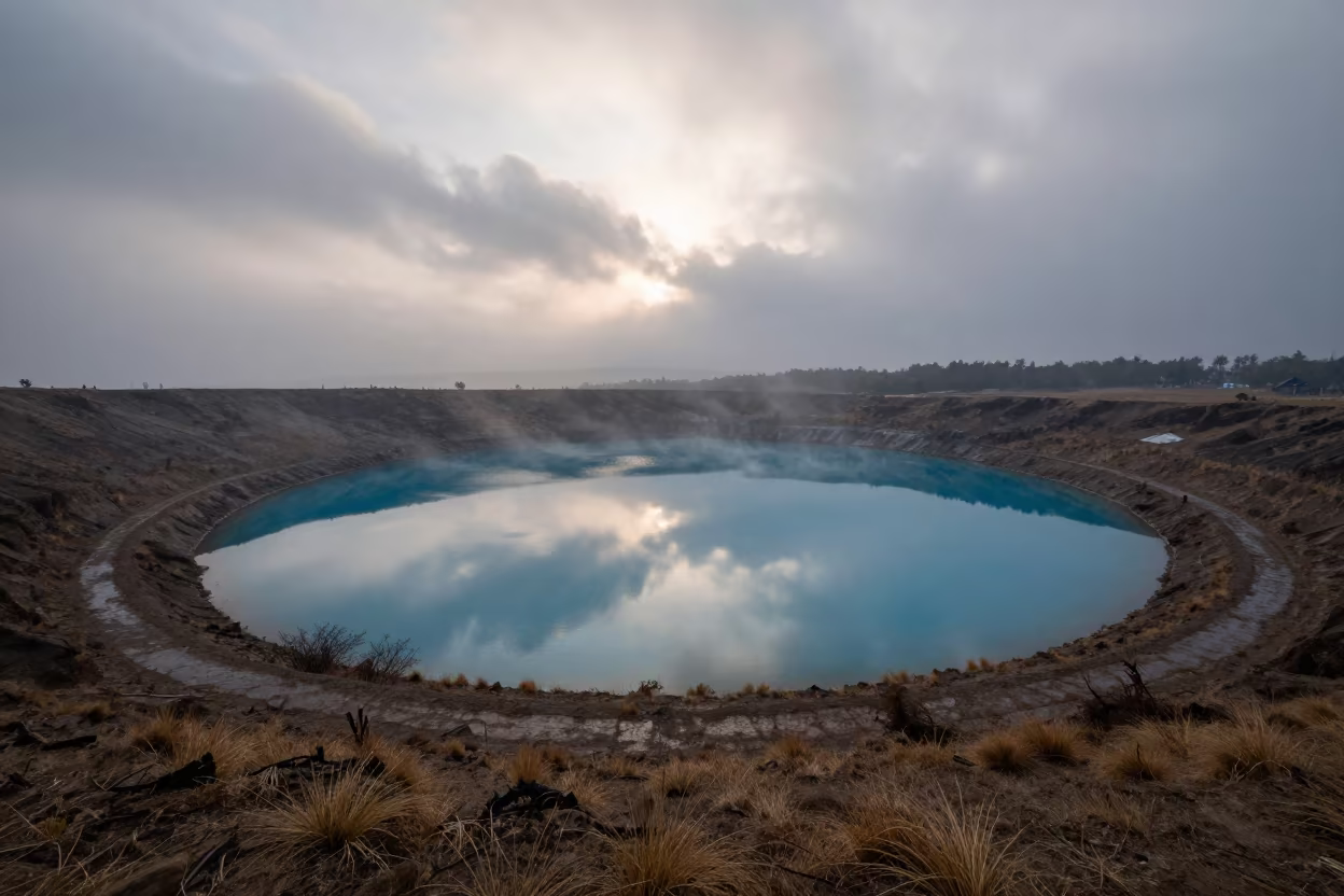 Circular Blue Maar Lake After Winter Rain in across a floodplain after rain in Uttarakhand