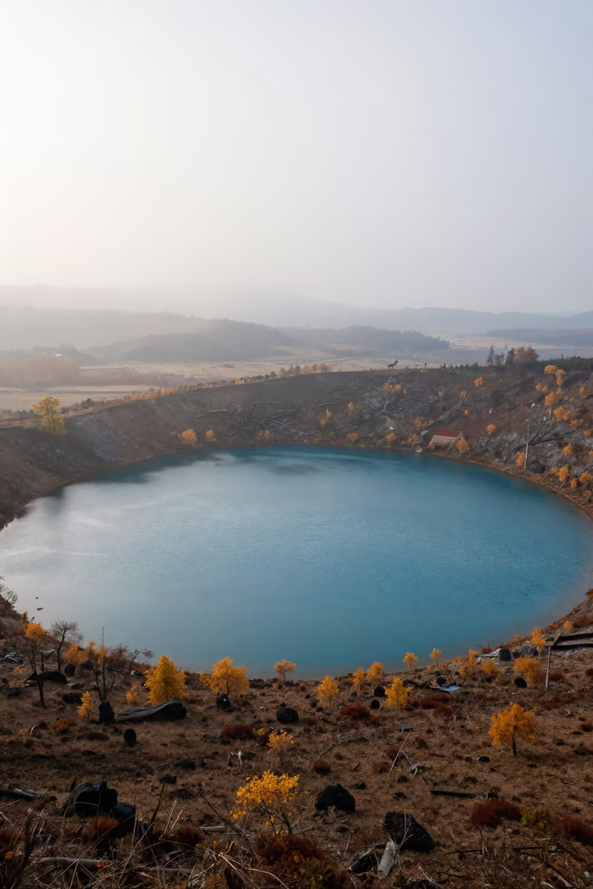 Circular Blue Maar Lake in Misty Autumn Dawn in across a floodplain after rain in Yunnan