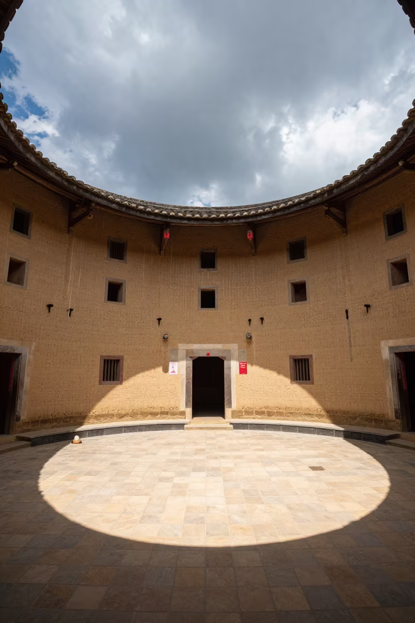 Circular Hakka Earthen House Interior Hall in inside a tiled stair hall in Harbin