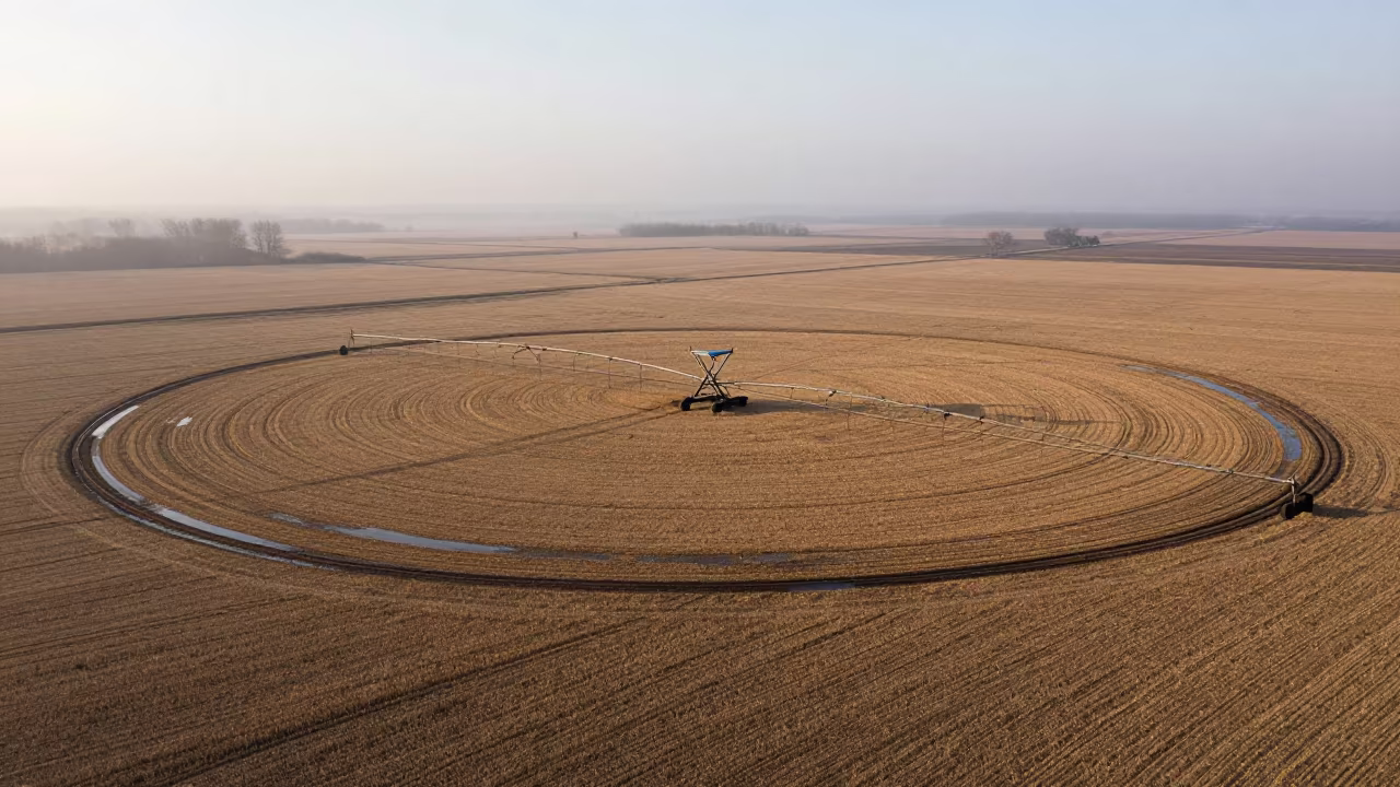 Circular Irrigation Patterns Over Harvested Field in across a harvested grain field in Tolyatti