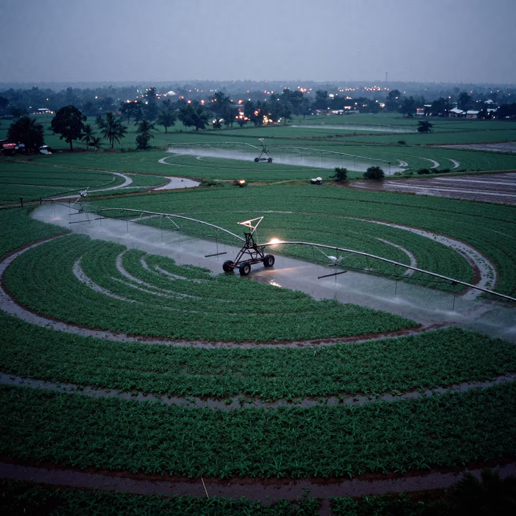Circular Irrigation Patterns Karnataka Rainy Season in along freshly irrigated rows in Karnataka