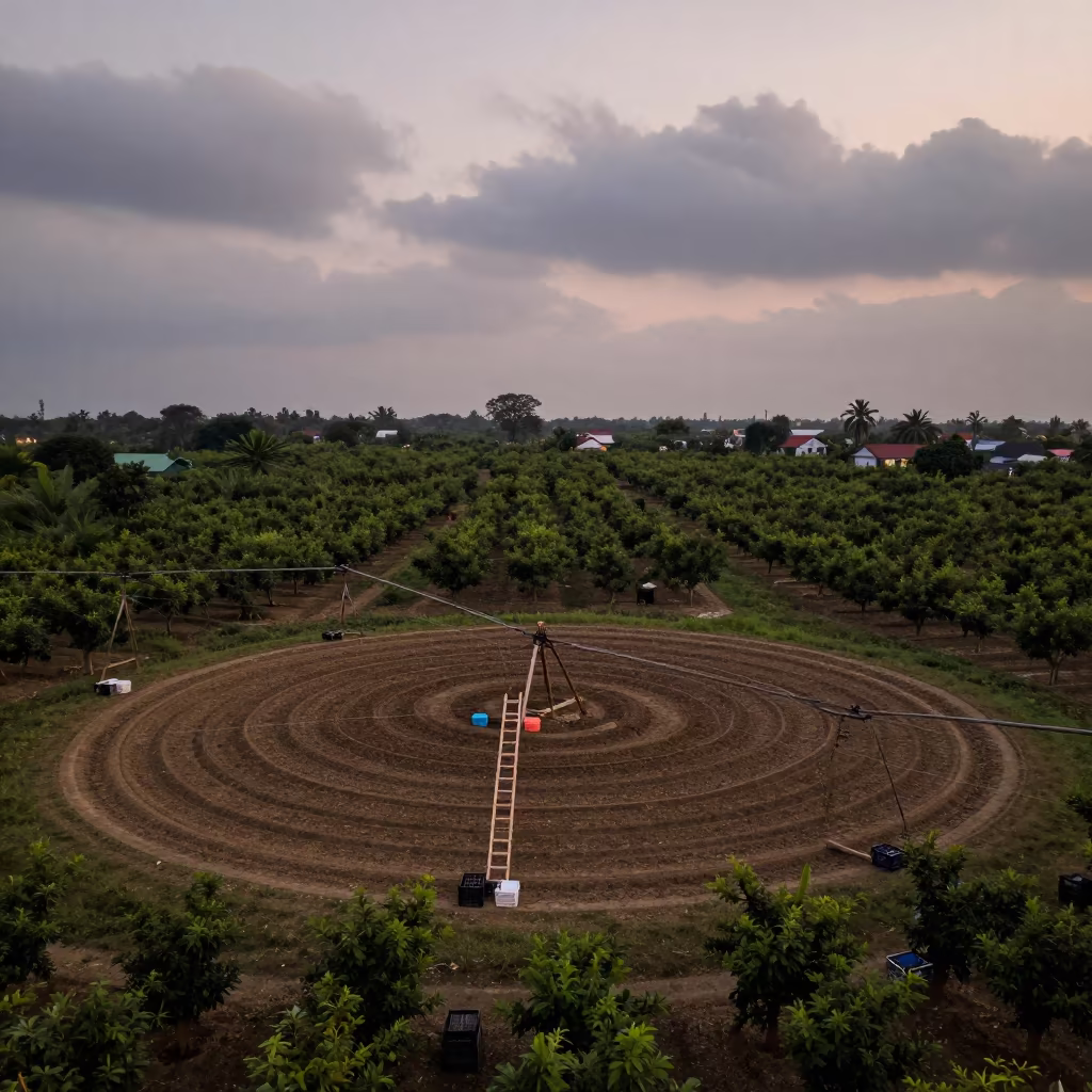 Circular Irrigation Patterns in Manila Orchard in among orchard ladders and crates in Ermita, Manila