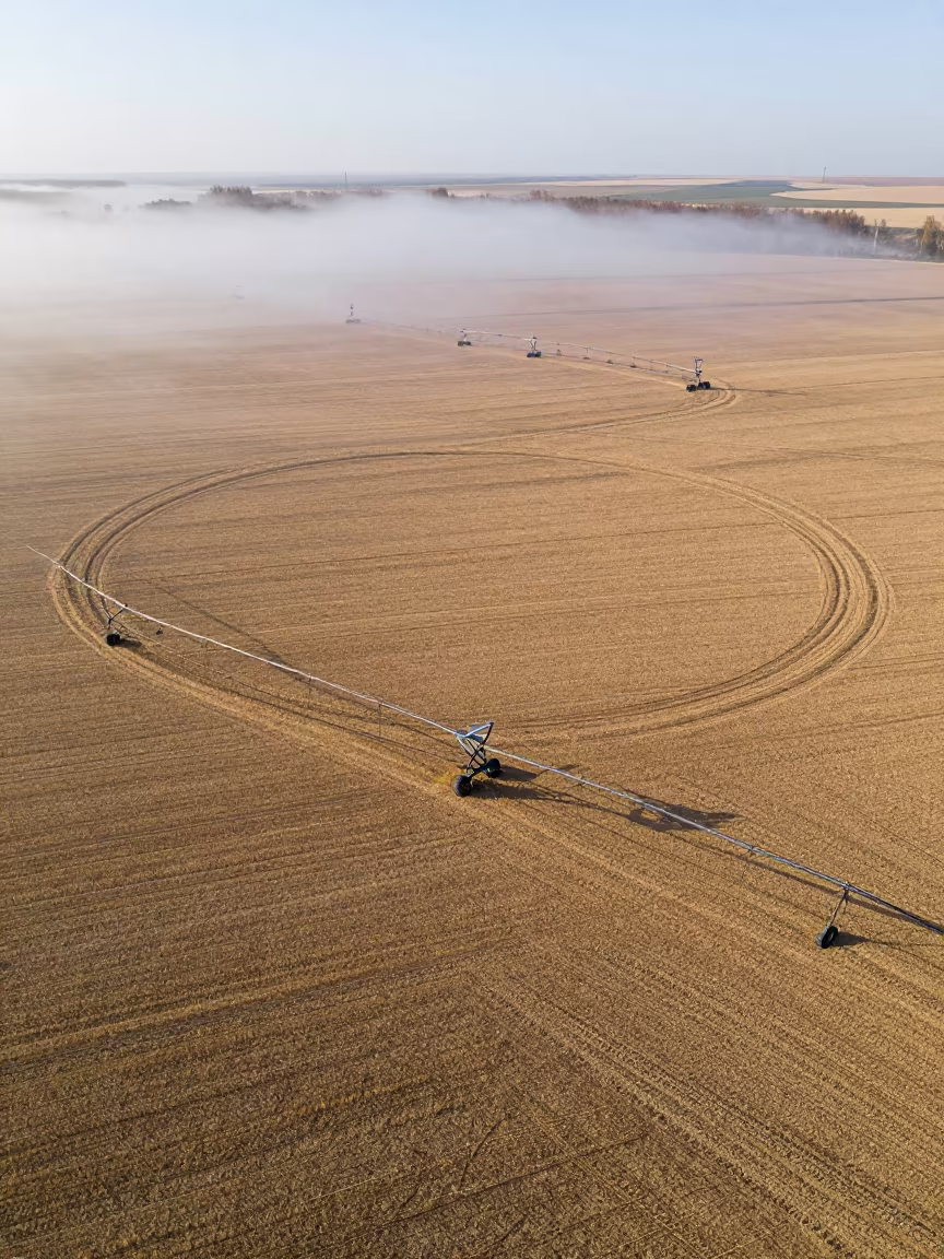 Circular Irrigation Patterns in Uzbekistan Field in across a harvested grain field in Uzbekistan