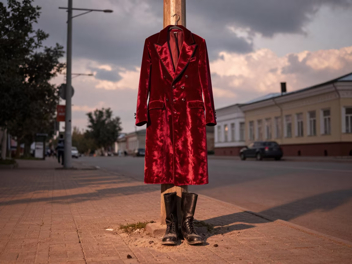 Circus Ringmaster Coat and Boots on Aktobe Street in at a street corner busking spot in Aktobe