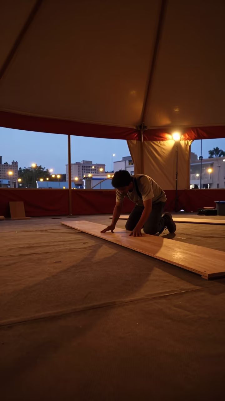 Circus Stage Carpenter Adjusts Flats Under Tent in under a circus tent in Mallawi