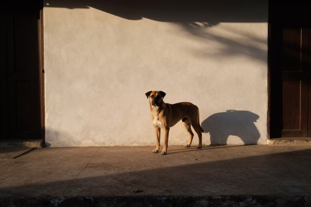Cirneco dell'Etna in Dawn Shadow in beside a plain courtyard wall in clear daylight with the animal at eye level in Guantánamo