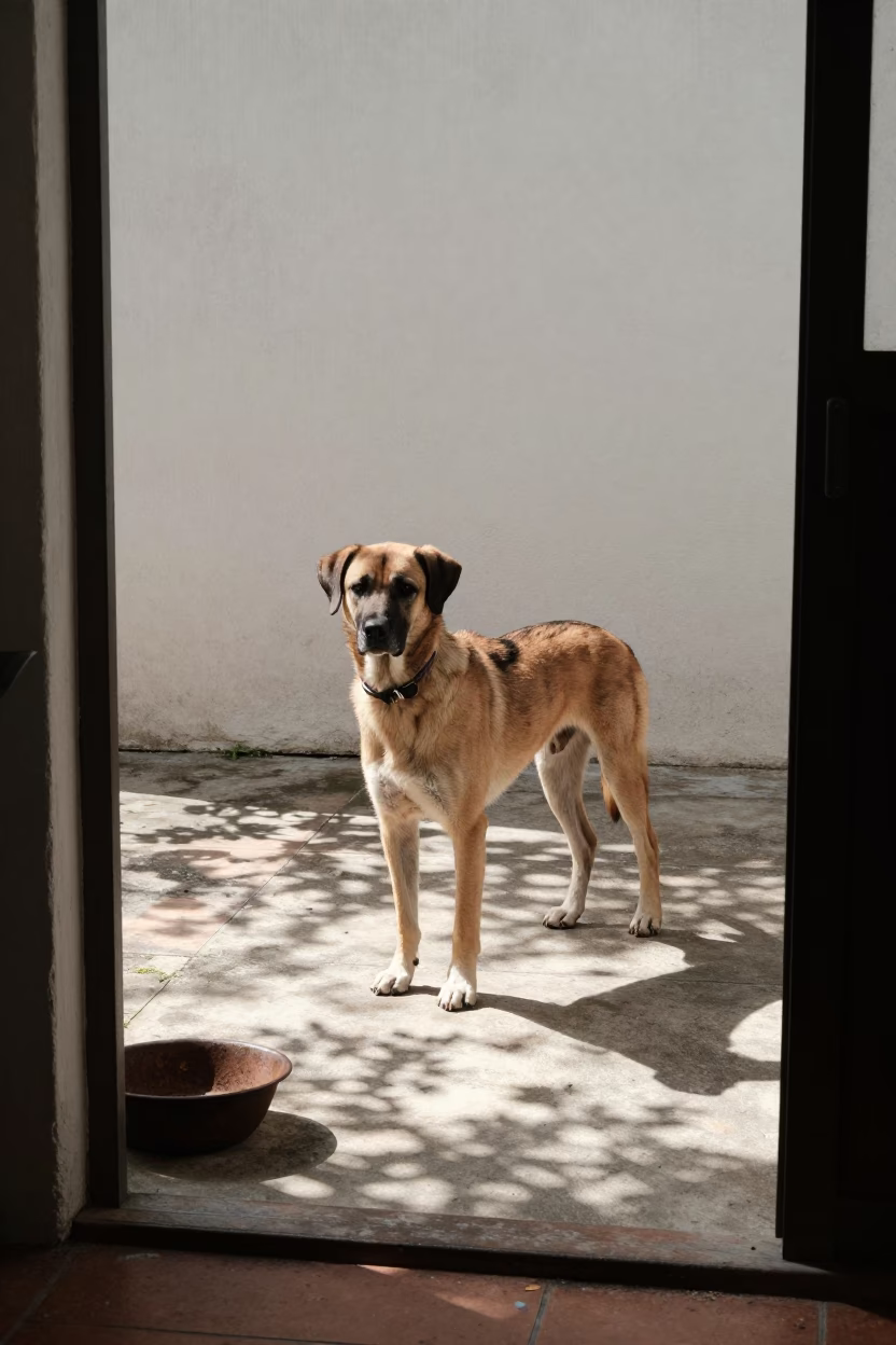 Cirneco dell'Etna on Shaded Bhilai Porch in beside a plain courtyard wall in clear daylight with the animal at eye level near Bhilai
