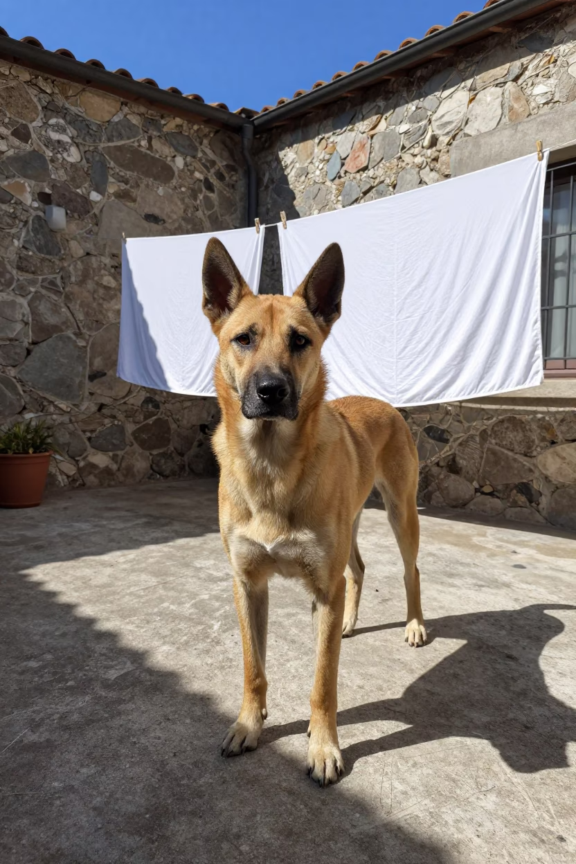 Cirneco dell'Etna on Shaded Memphis Porch in beside a plain courtyard wall in clear daylight with the animal at eye level in Memphis