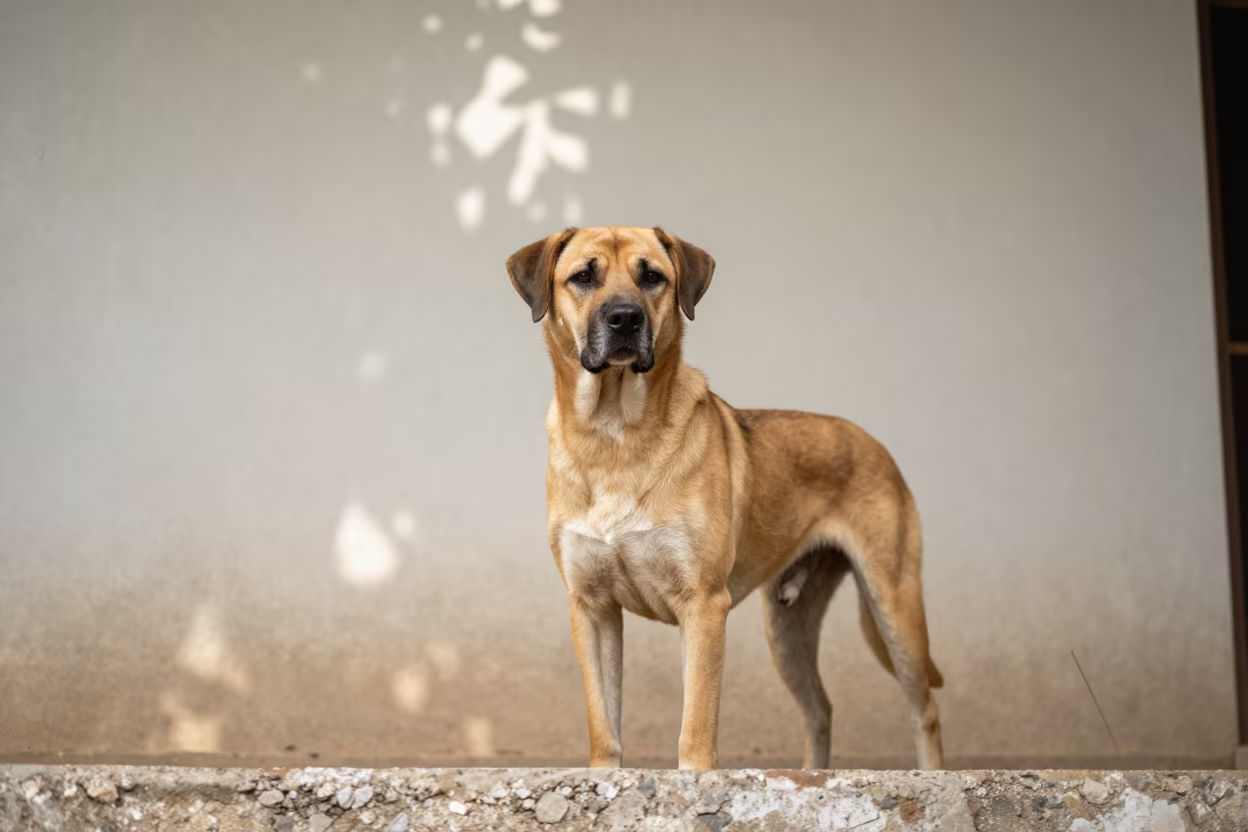 Cirneco dell'Etna Portrait in Lagos Courtyard in beside a plain courtyard wall in clear daylight with the animal at eye level in Surulere, Lagos