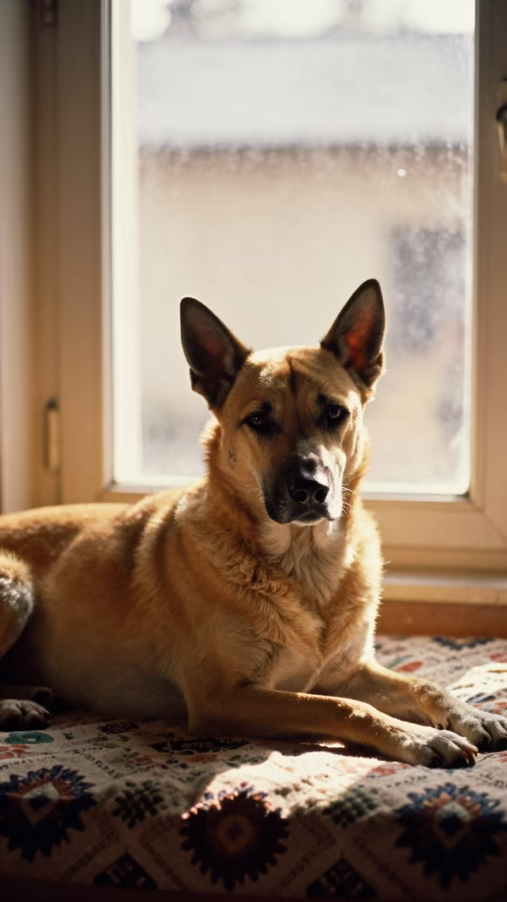 Cirneco dell'Etna resting on bedspread near window in on a bedspread near a bright window with calm indoor light near Moradabad