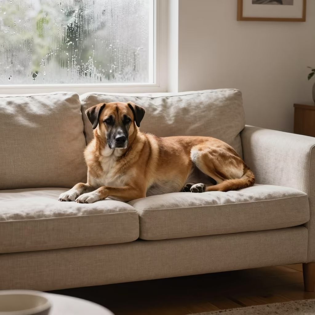Cirneco Dell'Etna Resting on Linen Sofa in Harare Light in on a linen sofa with daylight from a nearby window in Harare