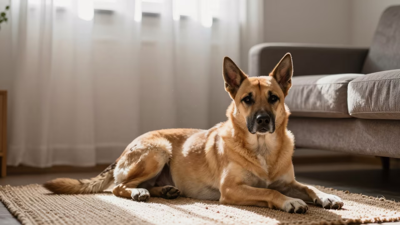 Cirneco dell'Etna resting on rug in Izmit home in on a woven rug beside a low couch and an uncluttered wall in İzmit