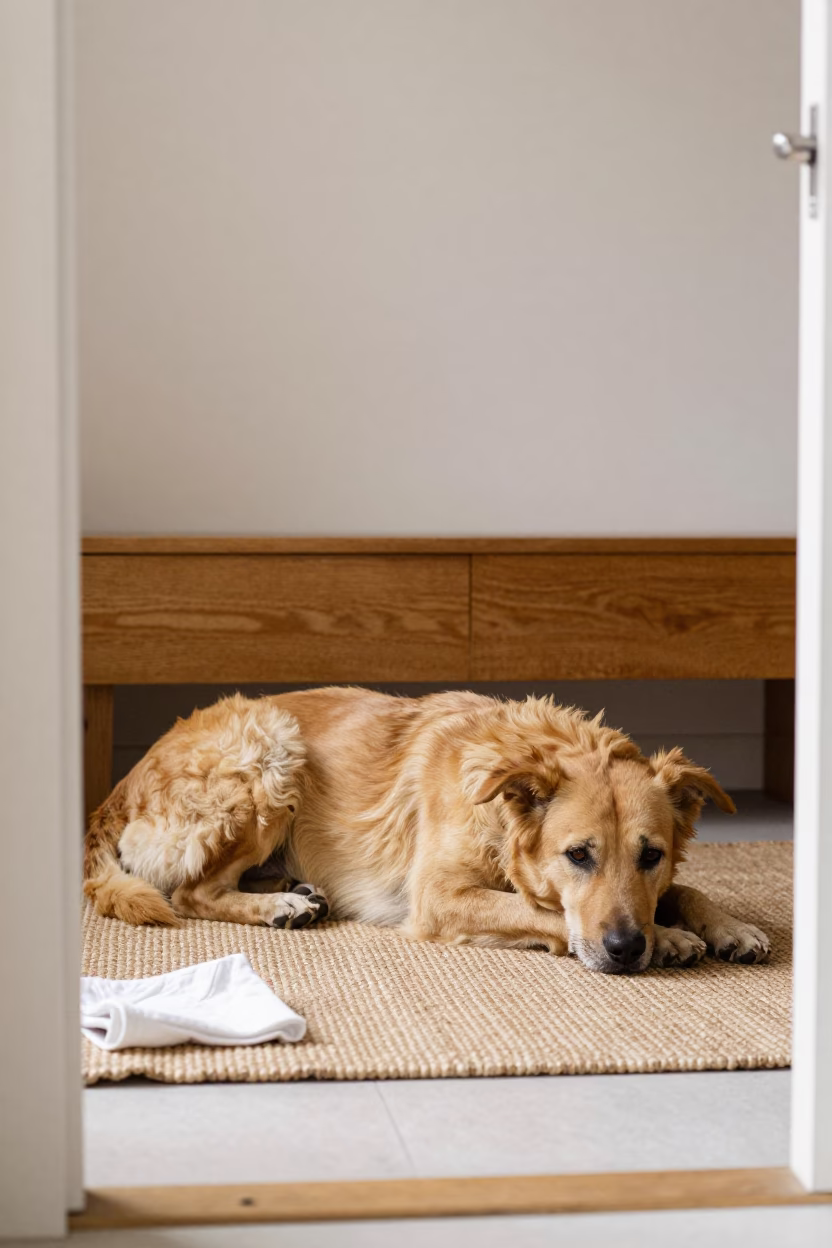 Cirneco dell'Etna Resting on Woven Rug in on a woven rug beside a low couch and an uncluttered wall in Sandvika