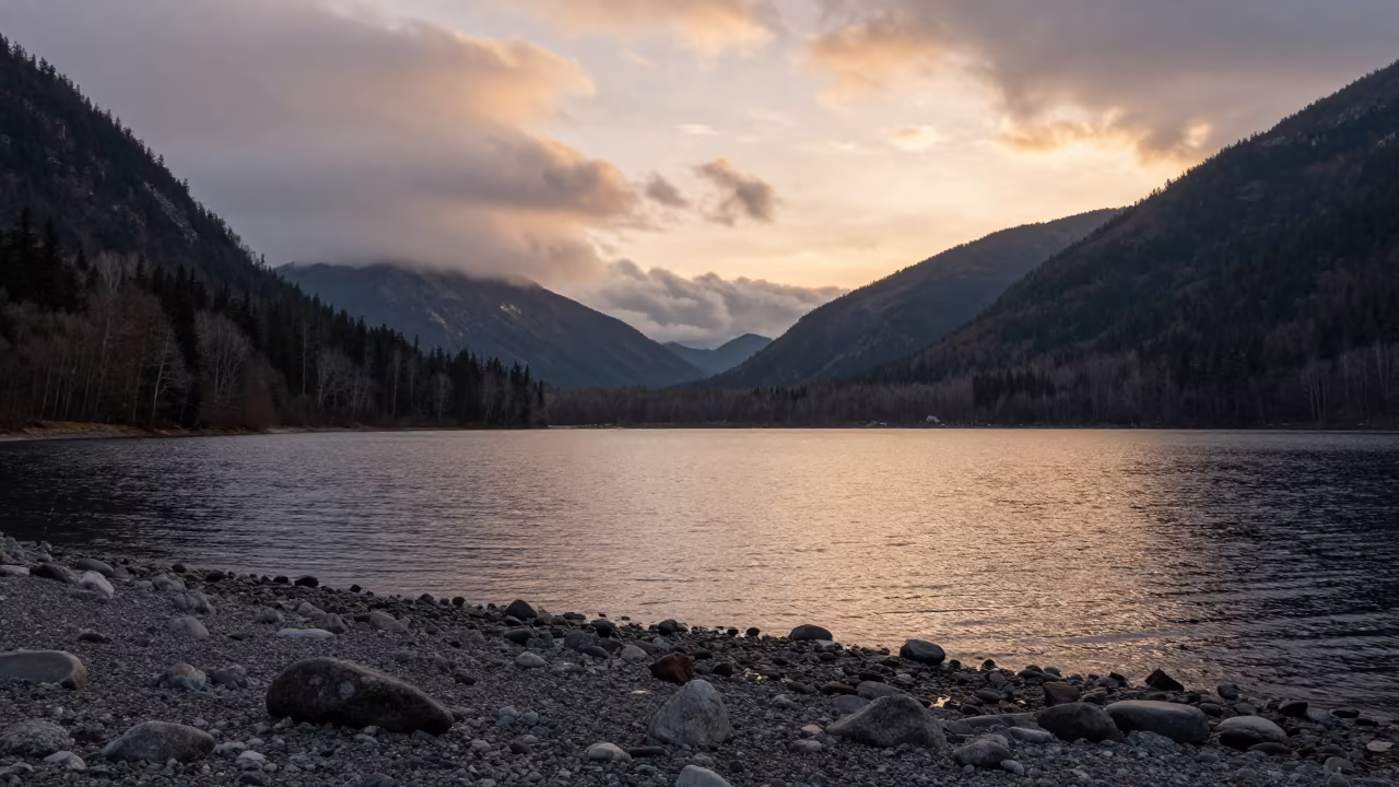 Cirque Lake British Columbia Evening Shore in along a wave-cut shoreline in British Columbia
