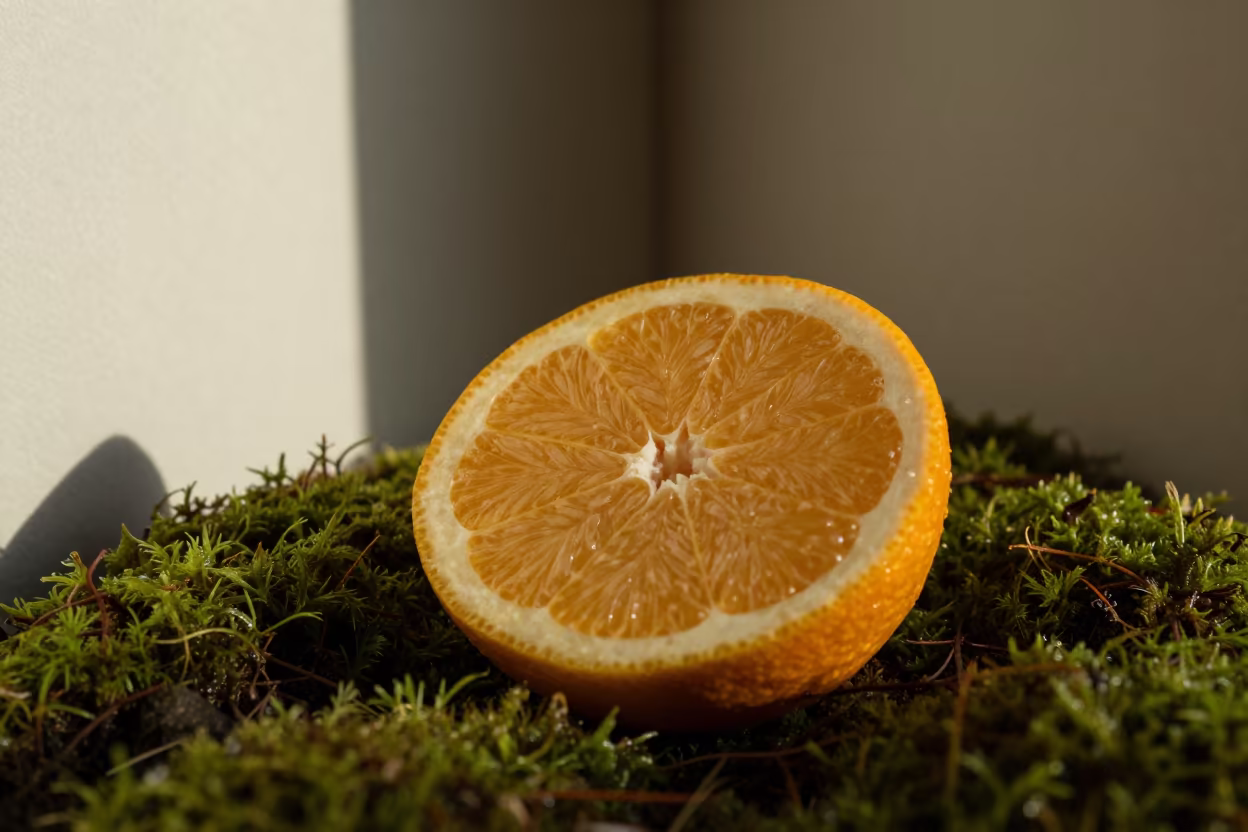 Citrus Cross Section on Moss in Busan in on dew-soaked moss in Busan