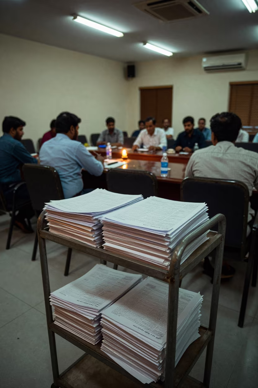 City Budget Draft Stacks Candlelit Hall in in a fluorescent town hall meeting room in Ghaziabad