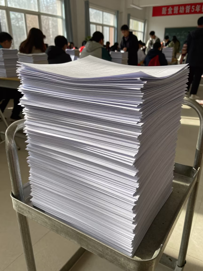 City Budget Draft Stacks on Cart in Lanzhou Hall in in a community center hall in Lanzhou