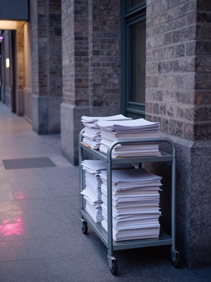 City Budget Drafts on Cart in Courtyard Twilight in in a courthouse corridor in Gothenburg