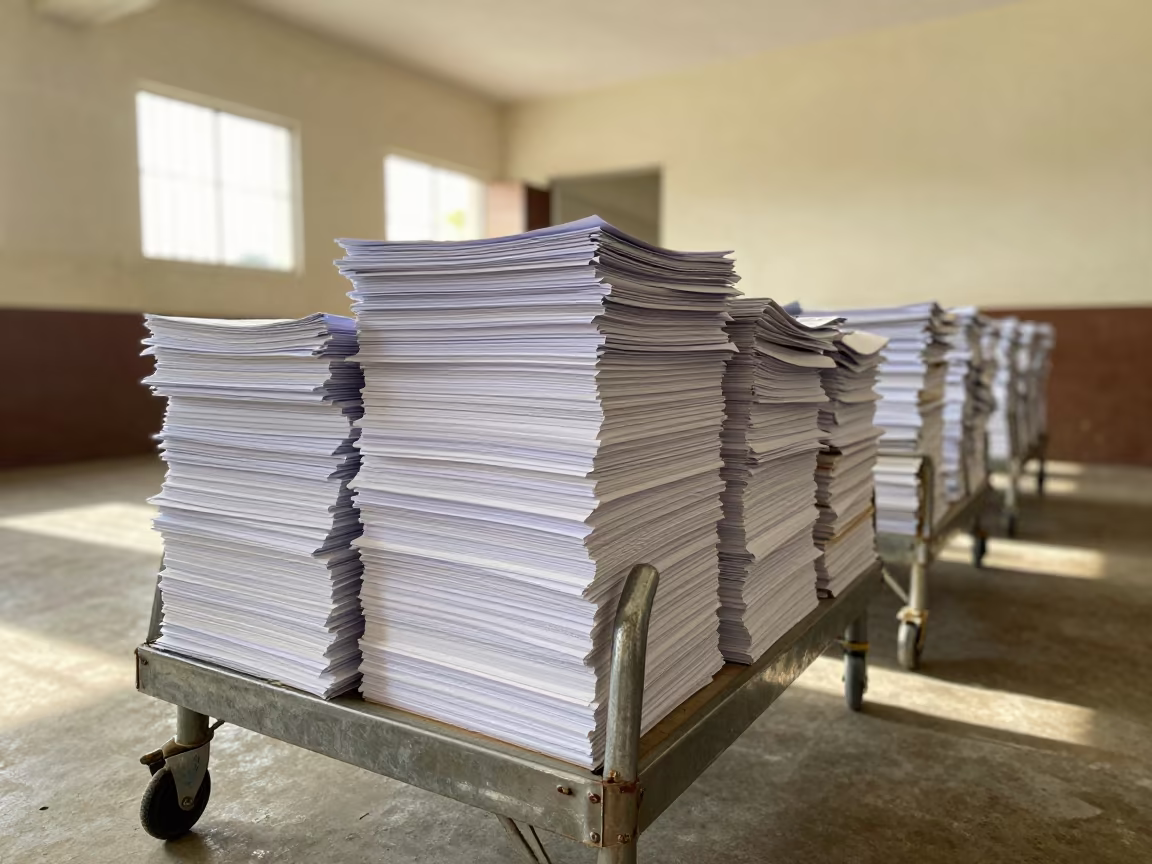 City Budget Drafts on Folding Cart in Kinshasa Hall in in a community center hall in Kinshasa