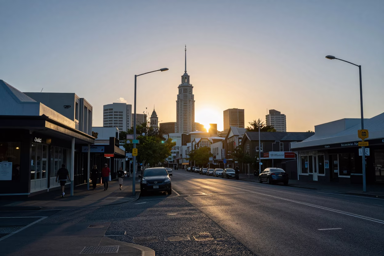 City Centre in Christchurch at As The Sun Drops Toward The Horizon in in Christchurch, New Zealand